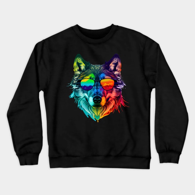 Stylized Wolf Head with Rainbow Colors Crewneck Sweatshirt by PixelProphets